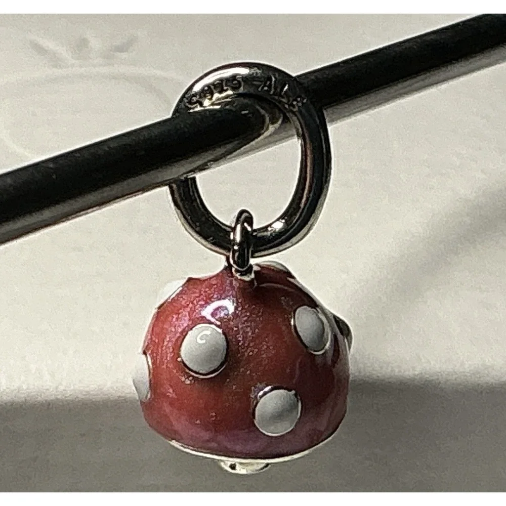 Pandora Red Enamel Mushroom Dangle Charm S925 Sterling Silver